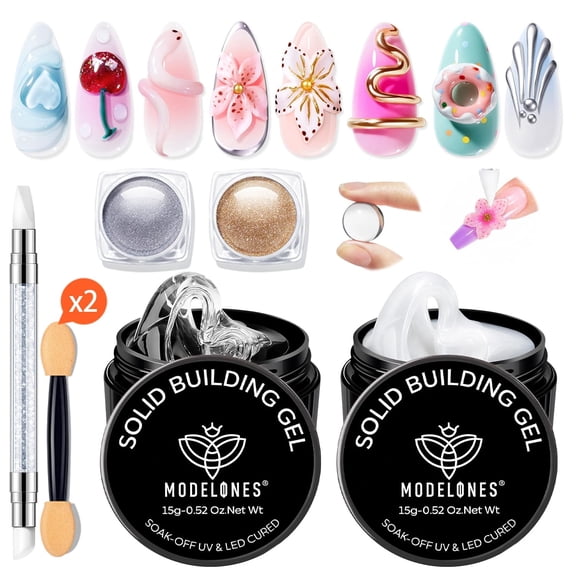 modelones 3D Gel Nail Art Kit, Non-Sticky Clear and White Sculpting Gel | for Nail Art Molding & Extensions with Chrome powder for Beginner DIY or Salon at Home Cured Needed