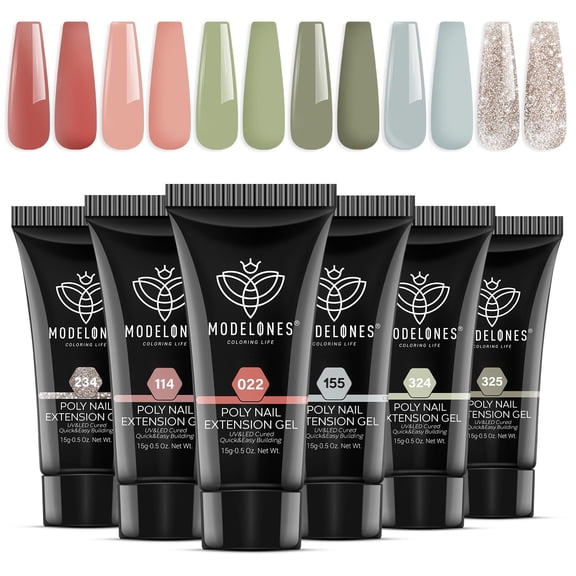 modelones 6 Colors Poly Nail Gel Set Poly Nail Extension Gel Colors Tubes Kit Glitter Nude Coral Green Light Blue All Seasons Manicure Salon at Home