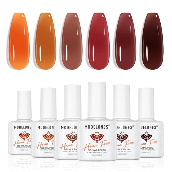 modelones Fall Jelly Gel Nail Polish Set Tortoise Brown Orange Dark Red | 6 Colors Hema Free Transparent Amber Caramel Pumpkin Halloween Gel Polish, Soak Off UV LED Nail Art DIY Salon at Home