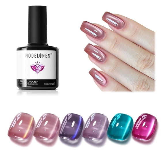 modelones Cat Eye Gel Nail Polish Set, 6 Colors Summer Neon Galaxy Champagne Hot Pink Lake Blue Grape Purple Gold Brown 9D Glassy Cat Eye Glitter Gel Polish with Magnet Led Soak Off LGBT Unisex Gift