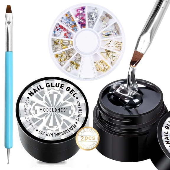 modelones Rhinestone Glue No Wipe Nail Gem Glue Super Strong Adhesive with Nail Charms & Dual-Use Brush, 2×5 ml
