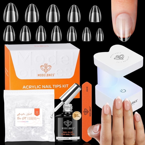 modelones Gel Nail Kit, Extra Short Almond Gel Nail Tips, 9-in-One Nail Glue & Portable U V Nail Lamp, 216Pcs 12Sizes Acrylic False Nails Tip Press On Nail Extension DIY Nails Art Gift for Women