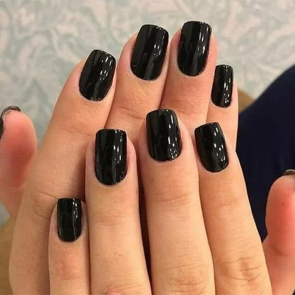 Modelones 32Pcs Black Press on Nails, Upgrade Short Square Fake Nails, Reusable Nail Kit with Nail Glue Adhesive Tabs Mini Nail File, Nails Press Ons 16 Sizes
