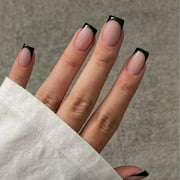 Modelones Black French Tip Press on Nails Short, Square Fake Nails, Reusable Nail Kit with Nail Glue Adhesive Tabs Mini Nail File, Nails Press Ons 32Pcs 16Sizes, Women Girl Gift