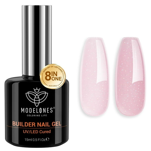 modelones Builder Nail Gel, 8-in-One Nude Pink Glitter Builder, Rainbow Iridescent Shimmer Nail Gel Polish, Jelly Pink Sparkle LED Lamp Cured Hard Rubber Color Base for Home DIY Salon Girls