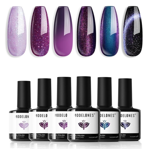 modelones Gel Nail Polish Set, 6 Colors 2026 Winter Purple-Red/Black/Blue Sparkle Chameleon Glitter Gel Polish Purple-Black Color Changing 9D Cat Eye Nail Polish With Magnet LED Nail Art DIY Gift