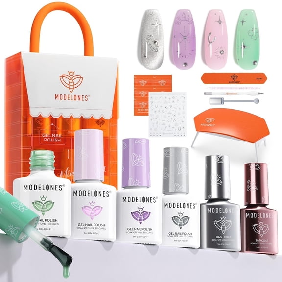 Modelones Gel Nail Polish Kit with UV Light,4 Colors Spring Summer Gel Nail Set with Base Coat & Top Coat,Mini LED Nail Lamp,Nail Art Stickers,Mint Green Lavender Silver Glitter Gel Manicure Kit