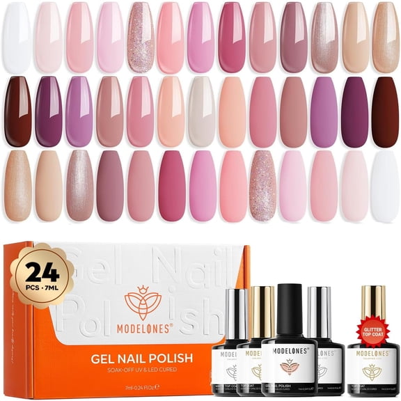 Modelones 24 Pcs Gel Nail Polish Kit, 20 Colors Nude Neutral Pink Glitter Gel Polish Nail Set with Glossy & Matte Top Coat Base Coat Nail Art DIY Home Gifts