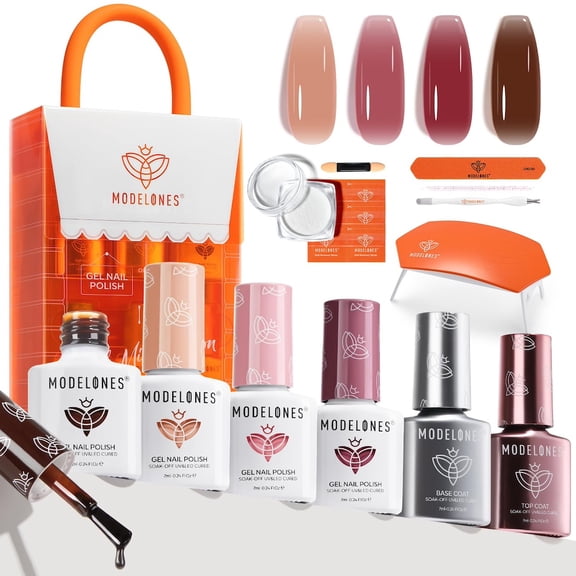 Modelones Jelly Gel Nail Polish Kit with 8W UV‑LED Lamp, 4‑Colors Sheer Pink Nude Red Brown Gel Set, Base & Top Coat, Pearl Chrome Powder, Complete Home Mini Salon DIY Manicure Gift Kit for Women