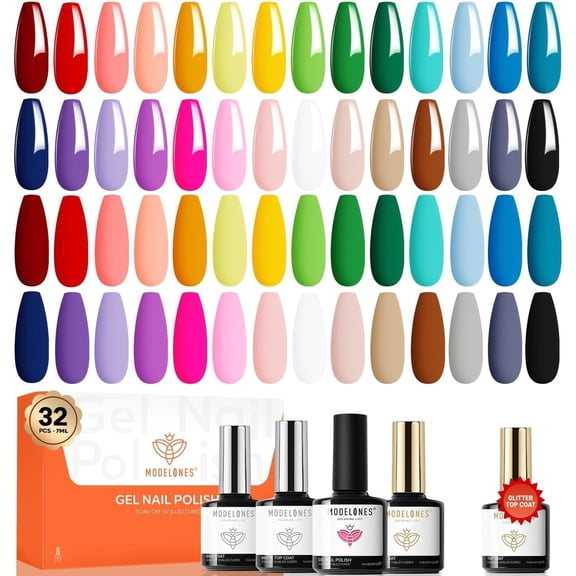 Modelones 32 PCS Gel Nail Polish Kit, 28 Colors Spring Summer Gel Polish Set with Glossy & Matte & Glitter Top Base Coat, Red Blue Green Pink Blue Nails Gifts DIY Salon Home