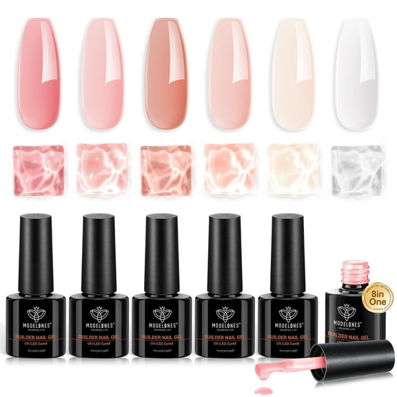 modelones Builder Nail Gel Polish Set, Base Colors 8-in-One Jelly Nude Pink Clear Builder Nail Gel for Nails Strengthener Hard Extension Rubber Lamp Cured 6 Colors