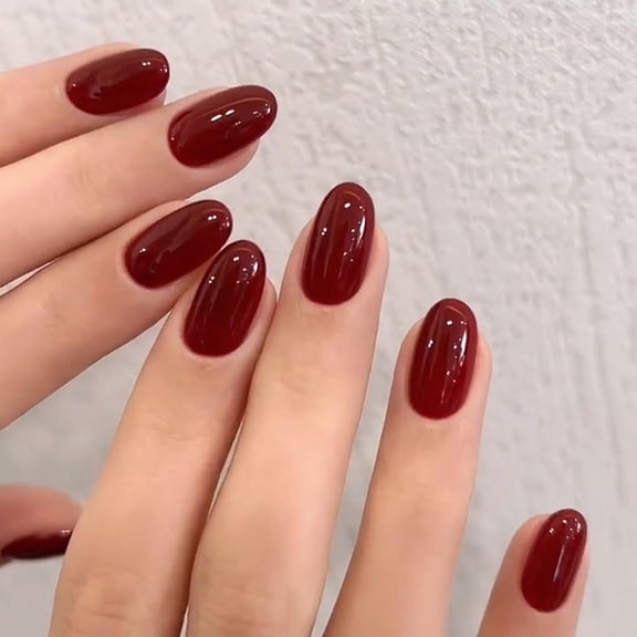 modelones Dark Red Short Press On Nails, Oval Fake Nails with Nail Glue, Adhesive Tabs, Nail File, Prep Pad, Manicure Stick, 32Pcs 16 Sizes, Cherry, Fall Halloween