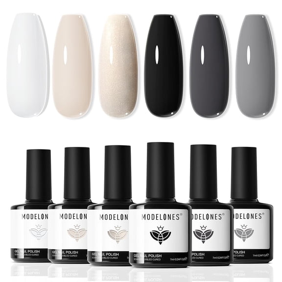 modelones White Black Gel Nail Polish Set -6 Colors Black Milky White Neutral Nude Gray Glitter Gel Polish Soak Off Nail Kit Manicure DIY at Home Nail Art Salon Gift