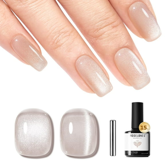 modelones Cat Eye Gel Nail Polish, 15 ML Silver Nude Glitter Holographic Glass Cat Eye Summer Jelly Shimmer Reflective Translucent U v Gel Magnetic Nail Polish for Women Girl