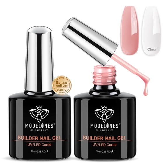 modelones Builder Nail Gel, 2 Pcs Clear and Rose Nude Pink Builder Nail Polish for Thickening Apex Building 8-in-One Rubber Color Base Polish Strengthener Extend Gel LED Lamp Cured 10 ml DIY Salon