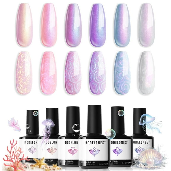 Modelones Gel Nail Polish, 6 Colors Shimmer Pearl White Pink Purple Mermaid Nail Drawing Glitter Gel Polish with Dotting Pen Soak Off Led Nail Polish Swirl Shell Thread Effect