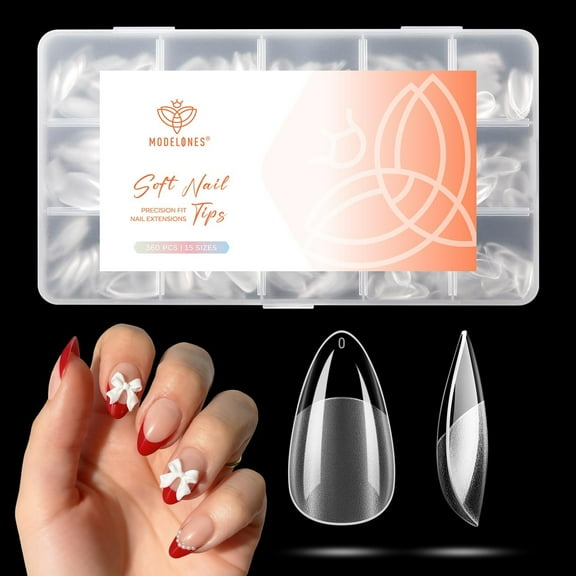 modelones Short Almond Gel Nail Tips, 360pcs Pre-etched Clear Fake Nails Press On Full Cover Half Matte 15 Sizes Acrylic Gel Tips for Extension Salon