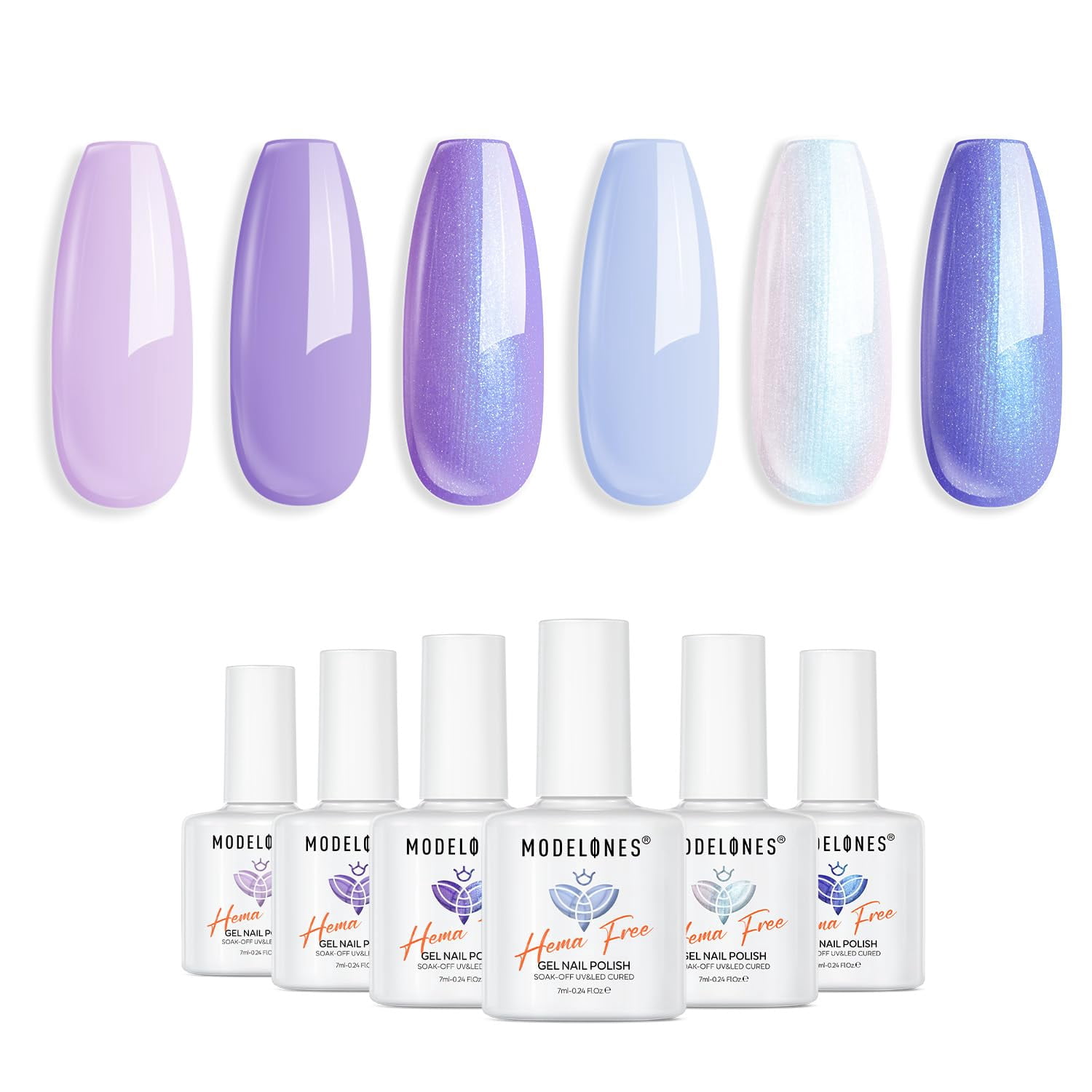 modelones Gel Nail Polish Set, 6 Colors White Blue Shimmer Violet Mermaid Hema Free Purple Summer Glitter Periwinkle Nails Soak Off Led Nail Gel Polish for Women Girl DIY Nail Art Gift