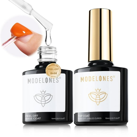 Modelones Peel Off Base Coat and Gel Top Coat Set, 2 Pcs No Wipe Clear Top Gel Nail Polish and Peelable Practice Base Easy Removal, Nail Art Manicure DIY Gift for Weak Thin Nails Beginner Women 10ml
