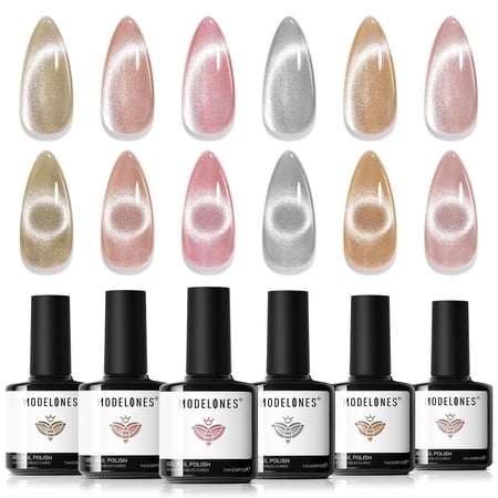 Modelones Cat Eye Gel Nail Polish Set, Holographic Glitter 6 Colors with Magnet Sparkle Galaxy Series Nude Pink Gel Polish Soak Off Led Gel Polish Kit Nail Art Gel Manicure Salon DIY Gifts