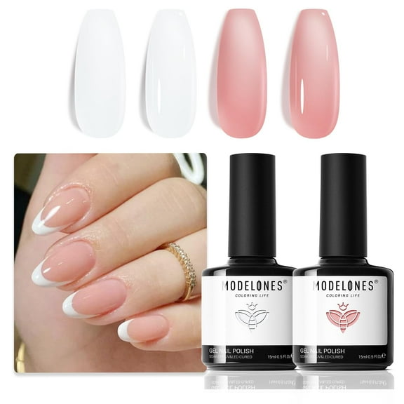 modelones Gel Nail Polish Set 2 Pcs 15 ML French Manicure White Nude Pink Jelly Gel Polish Translucent Soak Off UV French Tip Gel Polish Nail Art DIY Manicure At Home For Women Girls