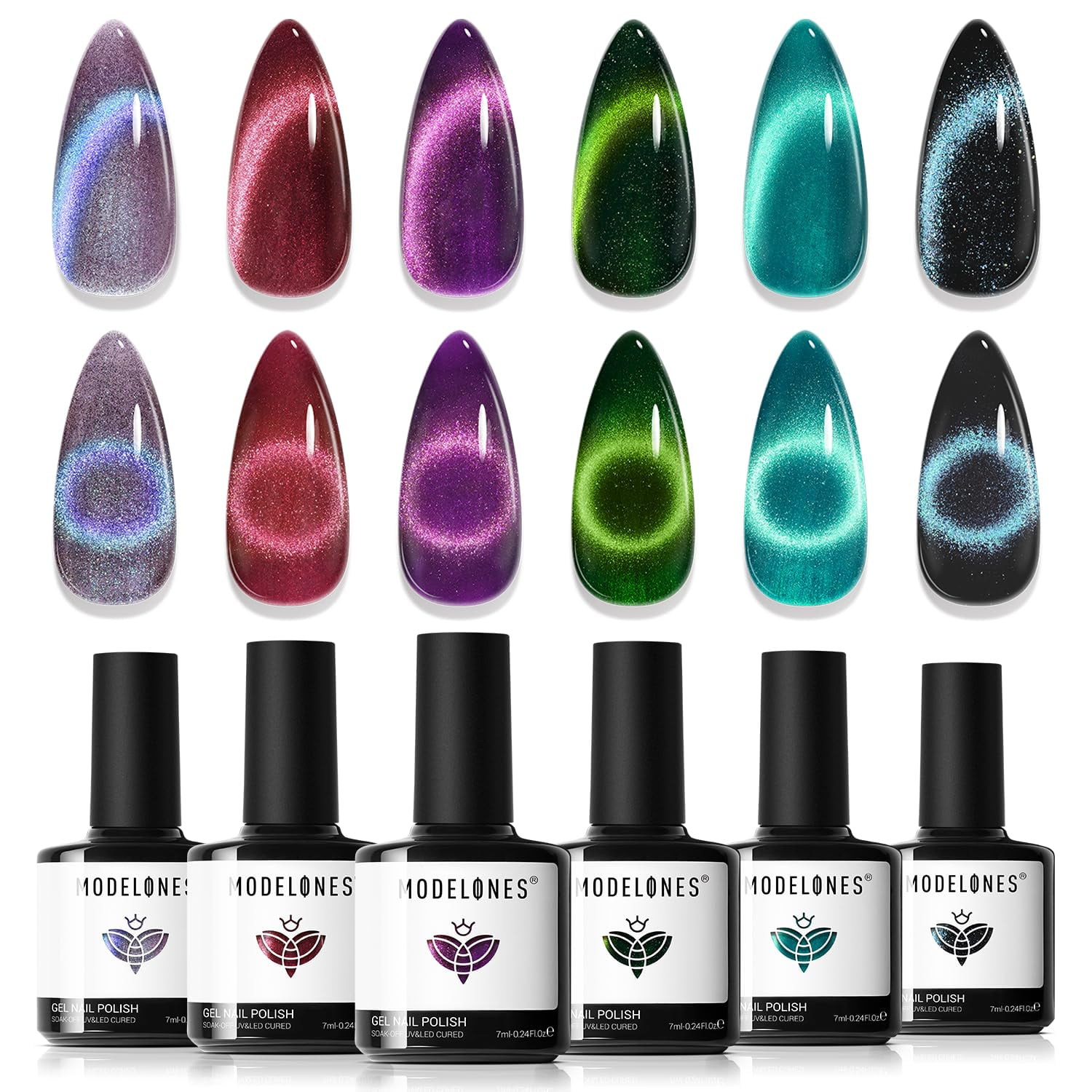 Modelones Cat Eye Gel Nail Polish, 6 Colors Glitter Red Green Purple Blue Gel Polish Set with Magnet Sparkle Galaxy Series Nail Gel Polish Kit Soak Off Led Nail Art Manicure Salon DIY Gifts