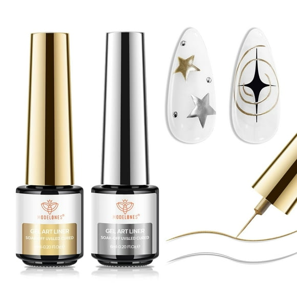 modelones Metallic Gel Liner Nail Polish 2 Pcs Gold Silver Nail Art Polish Bronze Gold Nail Art Mirror Chrome Gel Nail Polish 3D Effect Thin Brush For Swirl Soak Off LED DIY Salon Gift For Women Girl