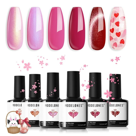 modelones Gel Nail Polish Set, 6 Colors Pitaya Hot Pink Gel Polish Mermaid Pink Red Love-heart Glitter Gel Polish Red Cat Eye Nail Gel Polish W Magnet & Pen Soak Off LED Easter Nail Art DIY Gift