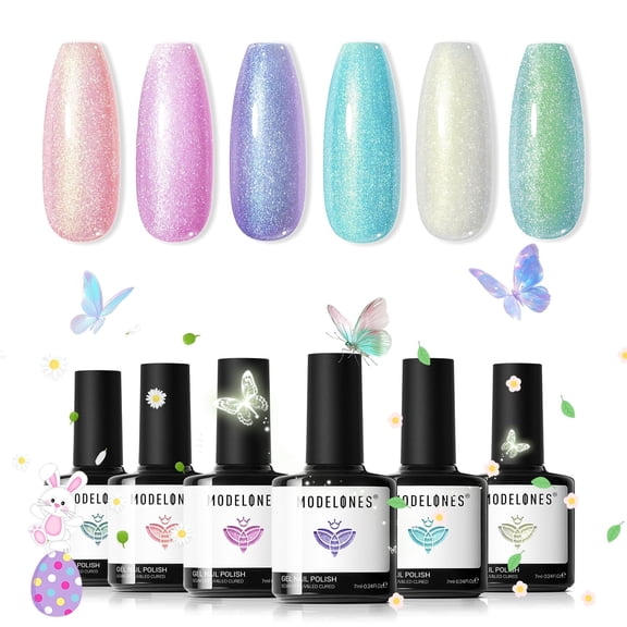 modelones Glitter Gel Nail Polish Set, 6 Colors Sping Pastel Candy Mermaid White Pink Gel Polish Baby Blue Purple Galaxy Sparkle Shimmer Pearl Nail Polish Soak Off LED Easter Nail Art DIY Gift