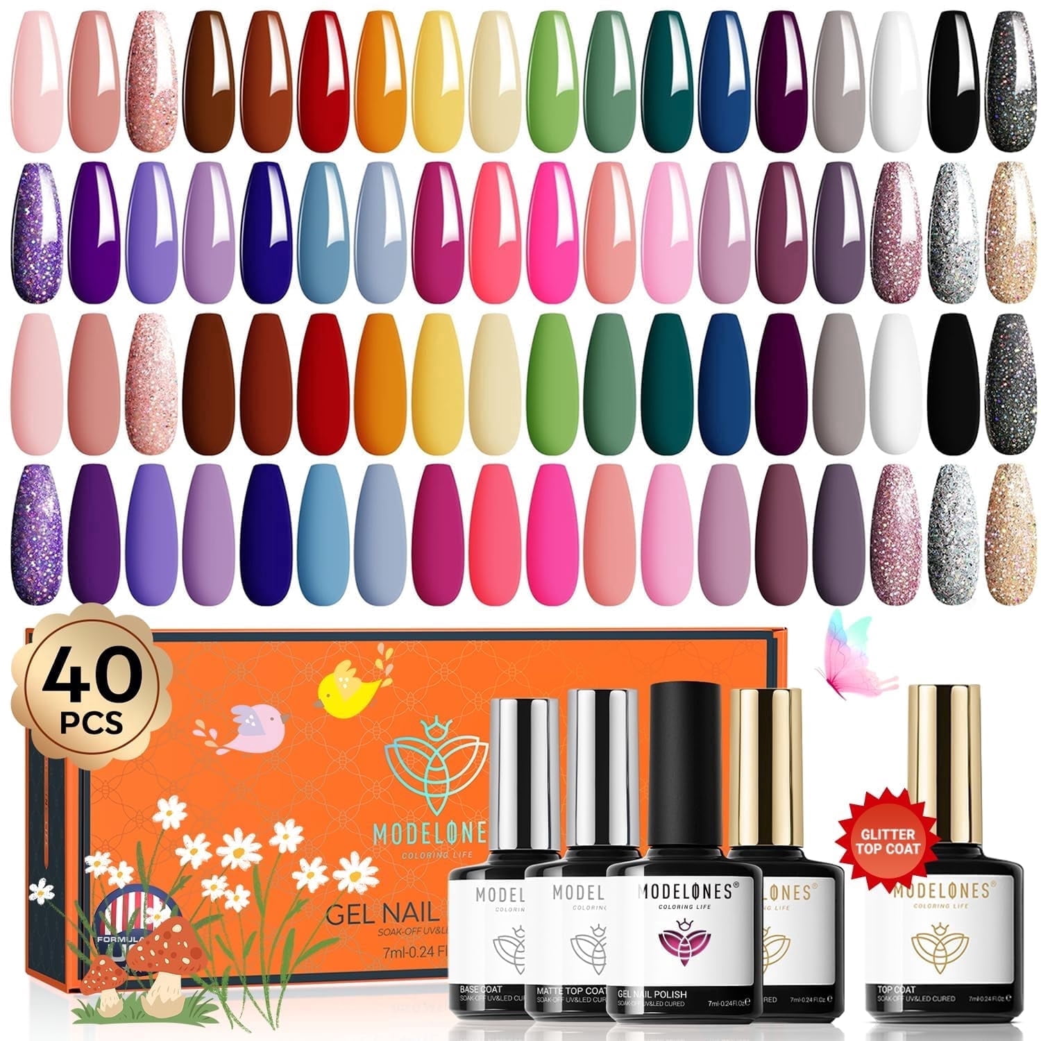 modelones 40 PCS Gel Nail Polish Set, 36 Colors White Yellow Green Hot Pink Gel Polish Kit Nude Brown Black Red Glitter Nail Polish W Base& Matte& Glitter& Glossy Top Coat LED Soapnails Gift