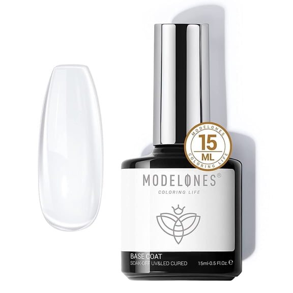modelones Gel Nail Polish Base Coat, 2025 Upgraded Formula Clear High Glossy Gel Base Coat Soak Off Long-Lasting DIY Home Salon Nail Art 15ml
