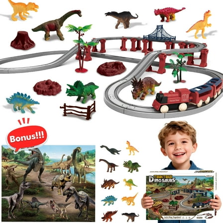 Dinosaur Train Set - Electric Train Toys For Kids With Dinosaur Figures & Play Mat, Large Train Track With Bridge, Toy Model Train For Toddlers