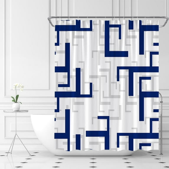 Moder Geometric Shower Curtain Navy Blue Gray Abstract Mid Century Contemporary Minimalist Striped Decor Polyester Fabric Include Hooks 72"W x 84"L (Pack of 1)