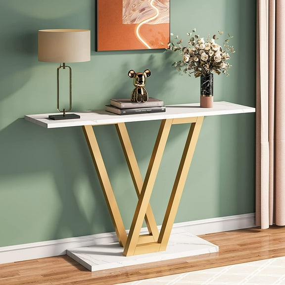 Moderen Faux Marble Console Table Hallway Table for Entryway, Gold & White