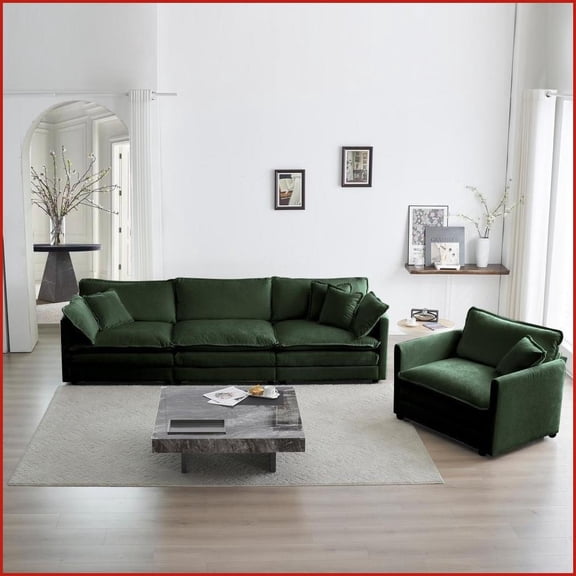 Modern 1+3 Seat Green Chenille Sofa Set | Solid Wood Frame | Deep Seat Living Room Sectional for Apartments