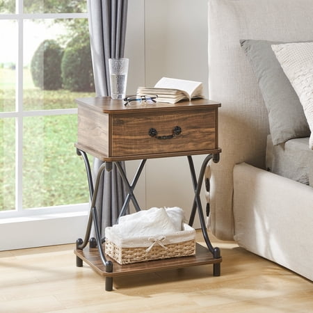 Modern 1-Drawer Nightstand with Storage Shelf, X-design End Side Table, Set of 2 Brown