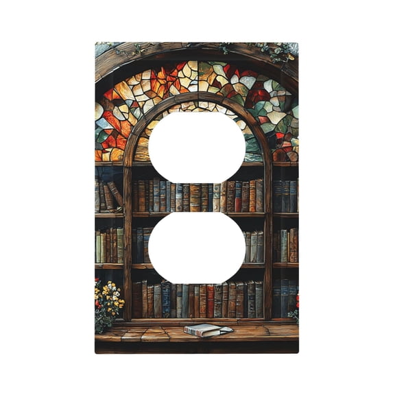 Modern 1-Gang Duplex Wall Plate Electrical Switch Cover Outlet Switchplate, Bookshelf Library Stained Glass