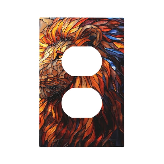 Modern 1-Gang Duplex Wall Plate Electrical Switch Cover Outlet Switchplate, Lion Stained Glass Art