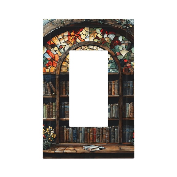 Modern 1-Gang Single Gang Wall Plate Electrical Switch Cover Outlet Switchplate, Bookshelf Library Stained Glass