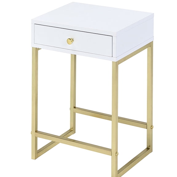 Modern 1 Side Table In White And Brass, Rectangular For Laundry Area, Metal Glide Drawer Storage Balcony,