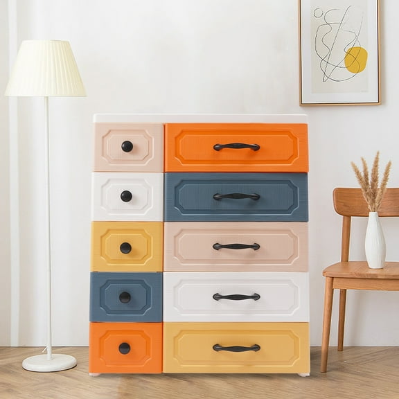 Modern 10 Drawers Vertical Dresser Orgarnizer, PP Plastic 36.6inch Tall Storage Drawers with Wheels for Bedrooms Multi-Color 29.52"W*12.2"D