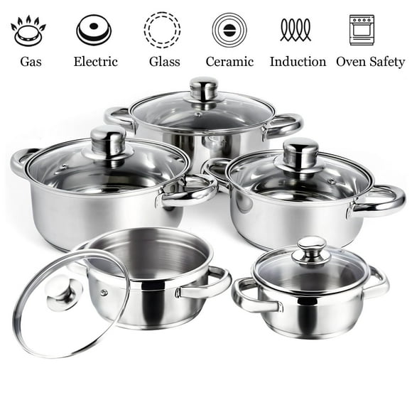 Leyeet Home Kitchen Cookware Sets, 10 Pcs Non Stick Stainless Steel Soup Pot Set, Double Handle Soup Pot with Lids, Large Saucepan Compatible with All Cooktops for Gas, Electric and Induction