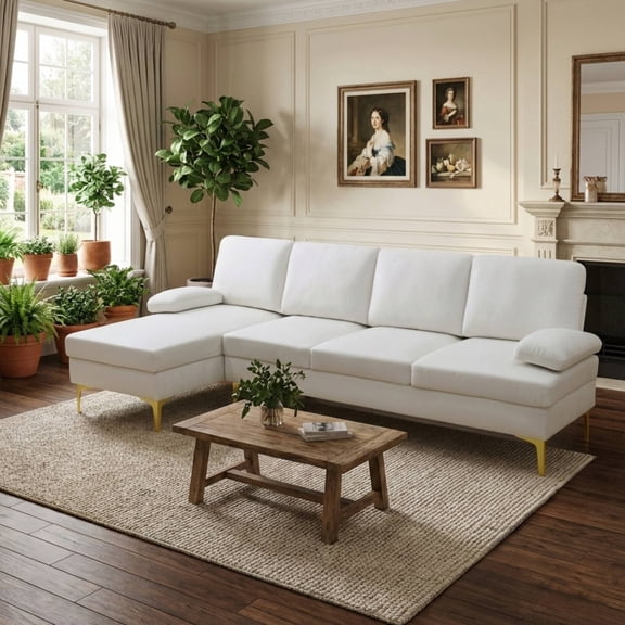 Modern 100" L-Shaped Sectional Sofa, Off-White Velvet 4-Seat Couch with Left Chaise Lounge, Mid-Century Modular Sofa with Gold Legs for Living Room