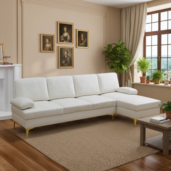 Modern 100" L-Shaped Sectional Sofa, Off-White Velvet 4-Seat Couch with Right Chaise Lounge, Mid-Century Modular Sofa with Gold Legs for Living Room