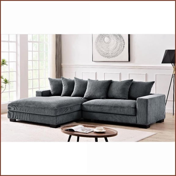 Modern 102.4-Inch Left-Facing Sectional Sofa for Living Room - Durable Corduroy & Deep Comfort | Dark Gray | Corduroy | Square Arms