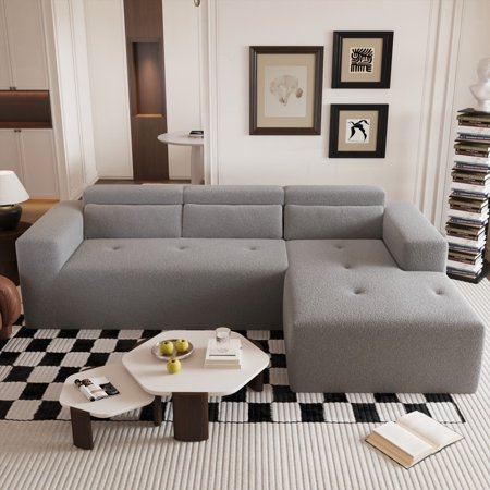 Modern 109'' Teddy Fabric L Shaped Sectional Sofa for Living Room - 3 Seat Corner Couch with Chaise & Pillows - Easy Assembly-Free!