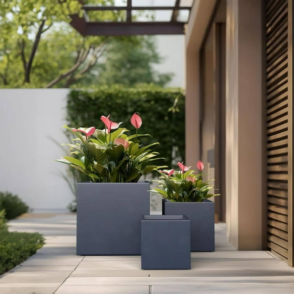 Modern 10in., 12in., 16in. High Large Tall Square Granite Gray Outdoor Cement Planter Plant Pots Set of 3
