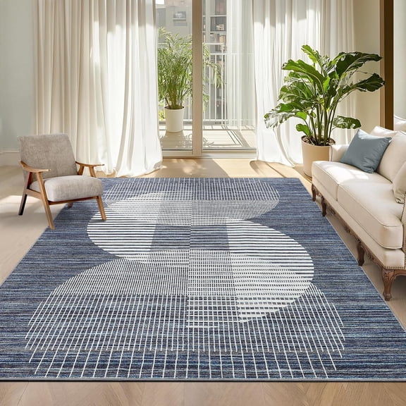 Modern 10x13 Washable Living Room Rugs, Blue Geometric Area Rug for Bedroom, Soft Thin Large Throw Carpet for Dining Room with Non Slip Rubber Back, Indoor Contemporary Floor Cover