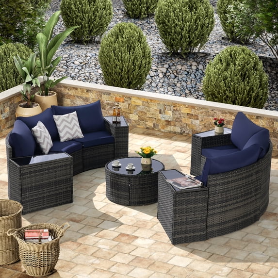Modern 11 Pcs Outdoor Furniture Set (1 Coffee Table, 4 Side Table, 6 Curved Armless Sofa), Half-Moon Sectional Patio Furniture Set for Backyard, Poolside, 4 Available Color Cushion
