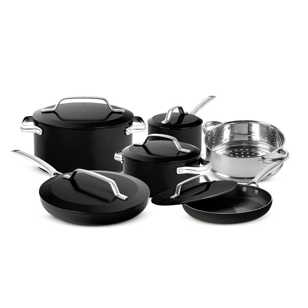 Modern Black 11-Piece Aluminum and Stainless Steel Nonstick Cookware Set